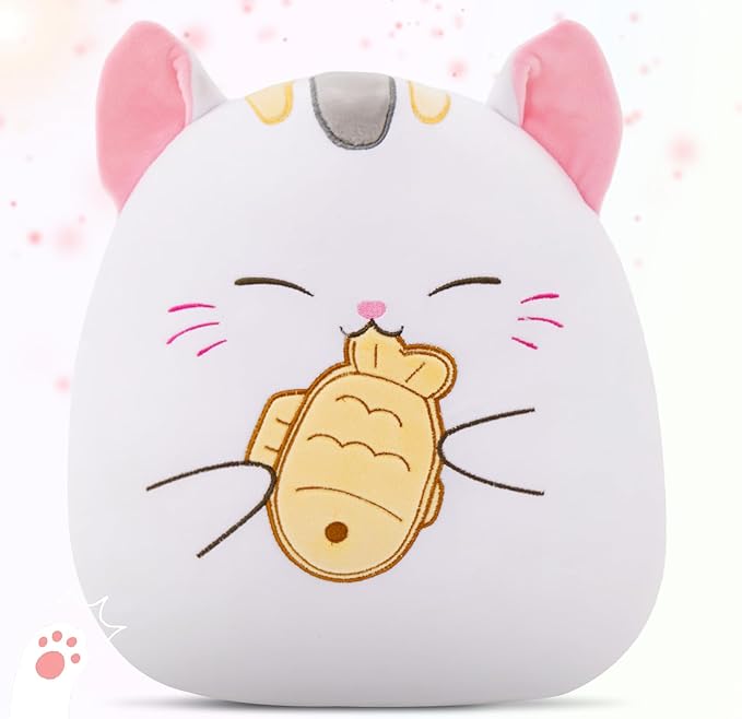Athionsu 12-Inch Cat Plush Pillow Soft Kawaii Stuffed Animal Hugging Cushion with Taiyaki Fish Cute Kitty Plush Pillow for Toddler Kids, Boys Girls