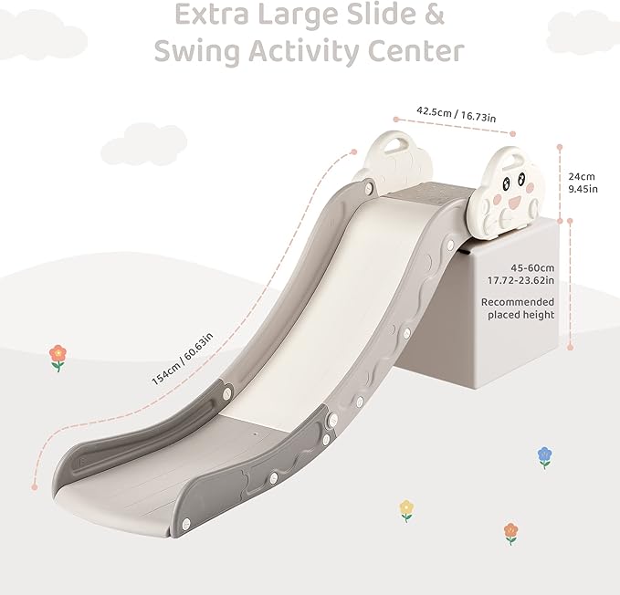 Indoor Kids Baby Couch Slide for Toddler 1-3, Sofa Slide Add-on Attachment for Bed Nugget Playgrounds, with Secure Base Guardrail, Gentle Slope Extended Buffer Zone, Fun Cute Cloud Design, White