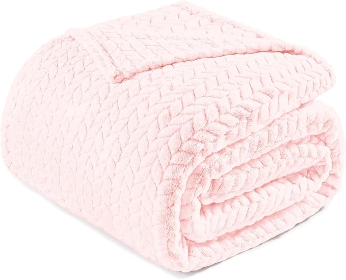 Exclusivo Mezcla Soft Fleece Bed Blanket Twin Size, 90”x66”, Light Pink | Cozy Fluffy Lightweight Blankets for Summer, Decorative Plush Flannel Throws for Living room, Bedroom with Leaves Pattern