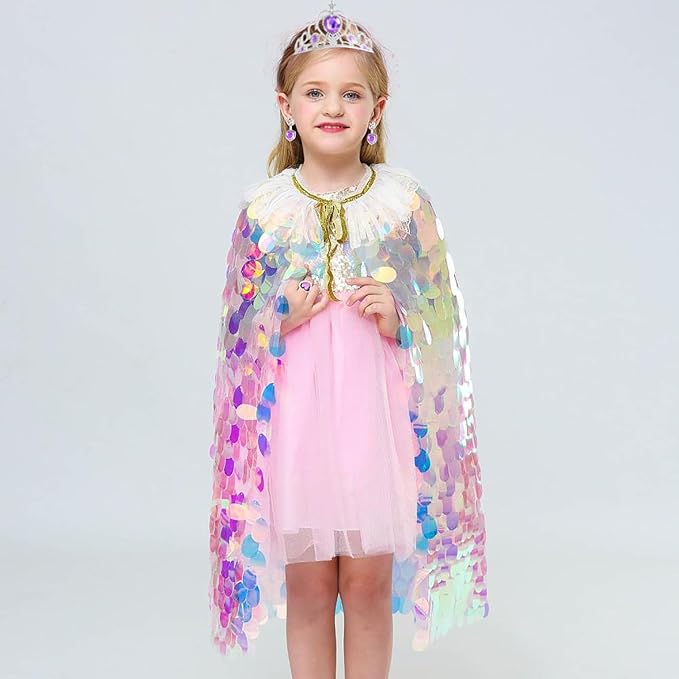 Princess Dress Up Rainbow Mermaid Cape Toddler Costume for Princess Cloaks Gift Set for Little Girls 3-8 Years