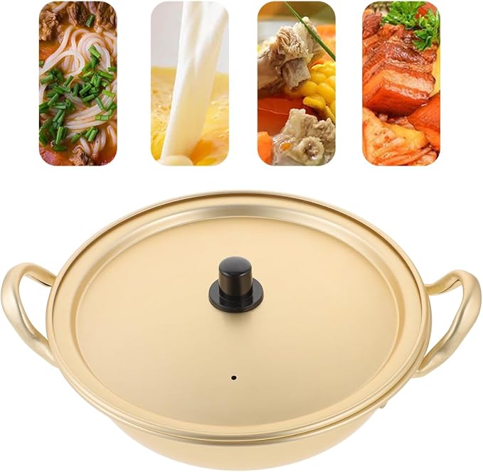 Luxshiny Korea Ramen Pot, Korean Ramen Cooking Pot with Lid Korean Noodle Pot Aluminum Noodle Hot Pot Shin Ramyun Pot for Kitchen Cookware (double Handle) (8.6in), 22X5CM, Golden, 809UF133R15Q