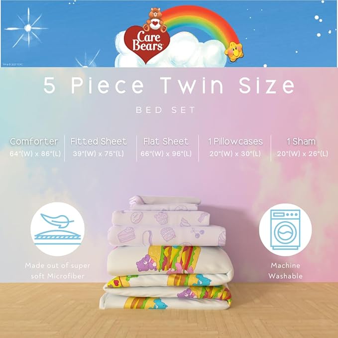 Care Bears Food Snacks 5 Piece Super Soft Cozy Reversible Comforter and Sheet Set with Sham, Twin, (Officially Licensed Product) by Franco Collectibles
