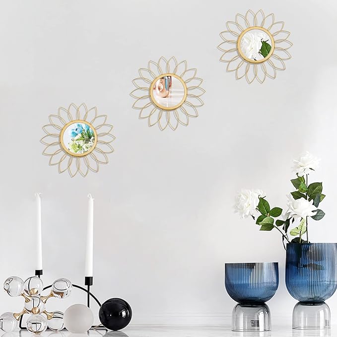 3 Pack Metal Mirrors for Wall Sunburst Wall Mirrors Home Décor Decorative Hanging Wall Art for Living Room Bedroom Entryway (Gold, Flowers)