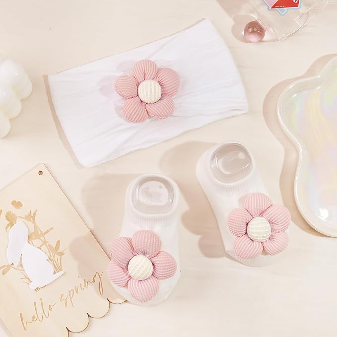 CÉLLOT Baby Girl Headband and Socks, Non-Slip Floral Socks and Soft Floral Nylon Hairbands for Babies Infants and Toddlers