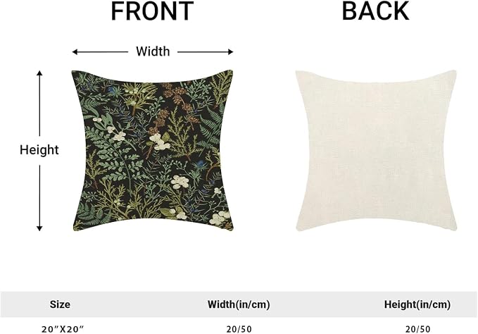 Spring Pillow Covers 20x20 Inch Set of 2,Black Sage Green Wild Flower Plant Throw Pillows Case,Seasonal Vintage Floral Outdoor Decorative Linen Farmhouse Decor Cushion Covers for Sofa Bed Couch