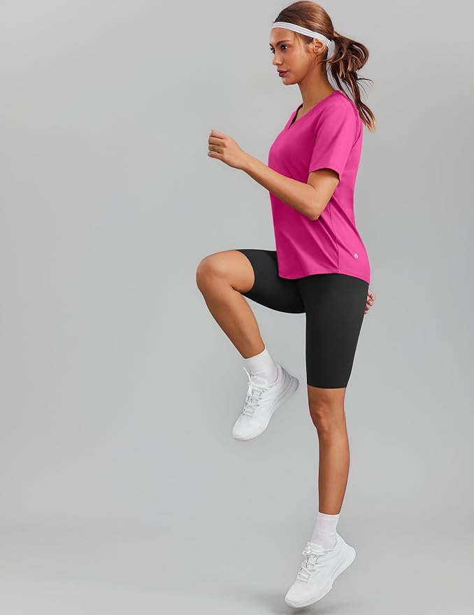 PINSPARK Soft Workout Tops for Women Short Sleeve V Neck Moisture Wicking UPF 50+ Sun Protection Quick Dry Gym Shirts