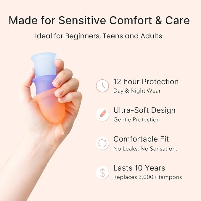 Lena Sensitive Menstrual Cups 2-Pack Ultra-Soft Set (Small & Large) Medical-Grade Silicone Period Cup for Women Heavy Flow, Reusable and Comfortable 12-Hour Leak-Free Protection
