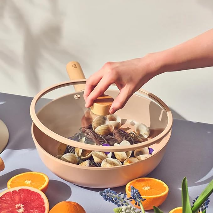 Neoflam FIKA Kitchen 12-Inch Nonstick Stir Frying Wok with Glass Lid, Healthy Cooking Non Stick Ceramic Coating Skillet with Wood Handle, Induction Compatible Jumbo Multi Pan, Made in Korea (30cm)