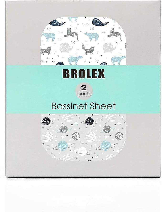 Stretch Fitted Bassinet Sheet Set BROLEX 2 Pack Cradle Sheets for Bassinet Pad/Mattress,Unisex Boys Girls,Ultra Soft,Space Planet