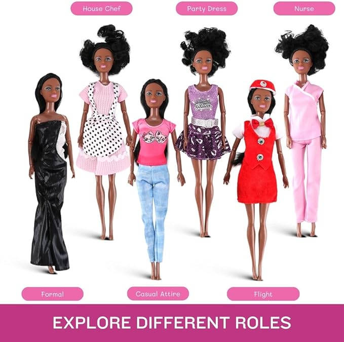 Liberty Imports 6 Set of African American Black Toy Dolls - 11.5" Premium Fashion Style Diversity Role Play Dolls, Bundle Variety Pack for Kids, Girls Party Favors