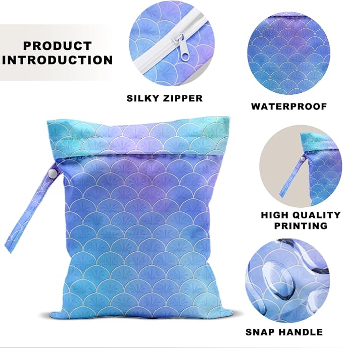 Mermaid Scale Wet Bag 12x10 Inch, Wet Dry Bag for Swimsuit Travel Beach Pool Stroller Diapers Dirty Yoga Gym Clothes Makeup Bags Toiletries Waterproof Reusable Zipper Pouch,Blue Scales Gifts for Women