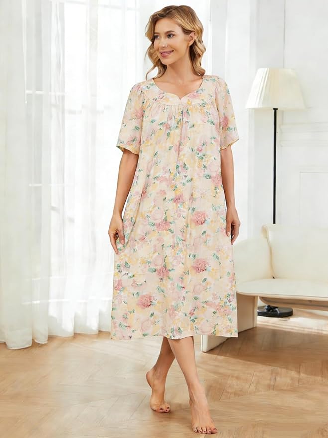 House Dresses for Women with Pockets Moo Moo Nightgown Short Sleeve Mumu Dress Lounge Dress S-3XL
