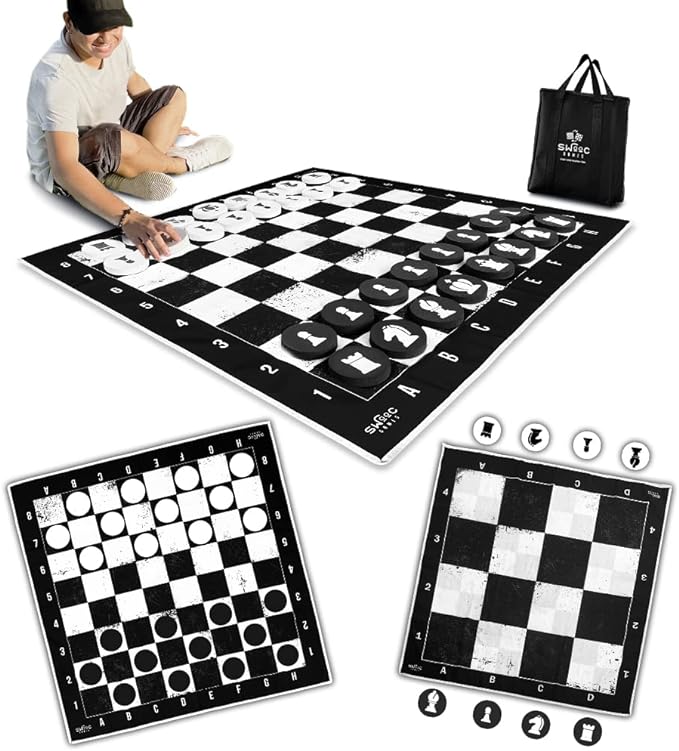 SWOOC Games - 3-in-1 Giant Chess, Checkers, & Chess Tac Toe Game with Mat (4ft x 4ft) - Machine-Washable Canvas & 5" Big Foam Discs - Giant Chess Set Outdoor & Checkers Board Game for Adults & Kids