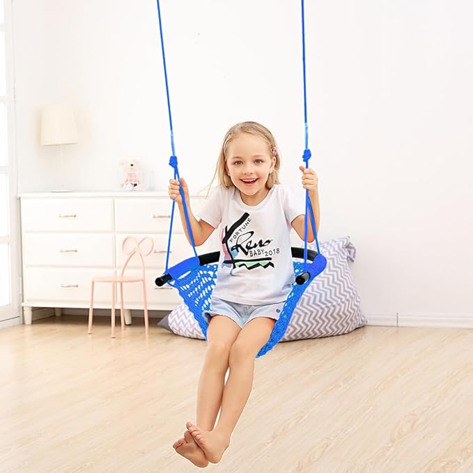 Hand-Knitting Toddler Swing, Swing Seat for Kids with Adjustable Ropes, Little tikes Swings Set, for Outdoor Indoor, Playground, Backyard (Blue)