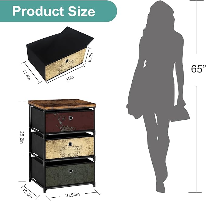 VASICAR Nightstand with 3 Drawers, Clothes Storage Organizer, Small Fabric Dresser for Bedroom, Closet, Entryway, Hallway, Nursery, Dorm