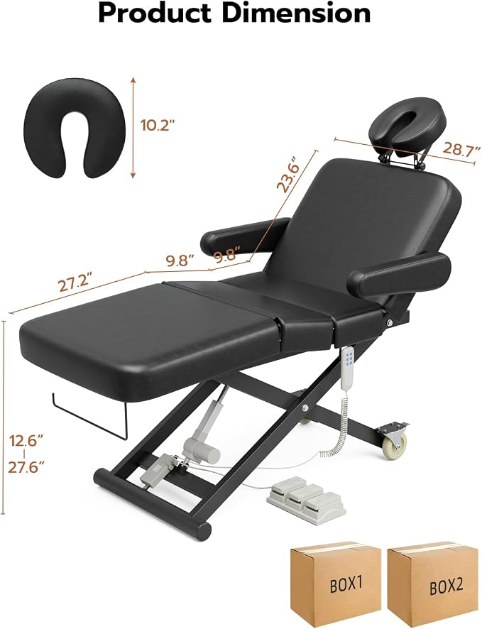 Paddie 3 Motor Fully Electric Massage Table Professional with Face Cradle & Foot Pedal, Customized Angle Folding, 550lbs Height Adjustable with Rolling Wheels, Black