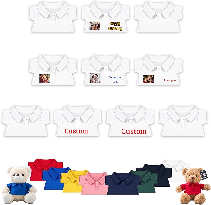 10 Pcs Personalized Teddy Bear Clothes with Text Photo, Custom Stuffed Animal Clothing Fit 8-16 inch Stuffed Bear Clothes for Teddy Bears, Doll Clothing Make Your Own Plush Doll Shirt