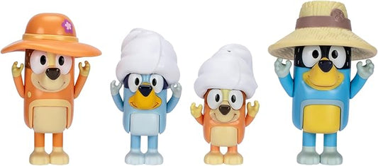 Bluey Figure 4-Packs, Family Trip, 2.5 Inch Poseable, Bingo, Bandit and Chilli, with Accessories, Kids Can Recreate Their Favorite Moments