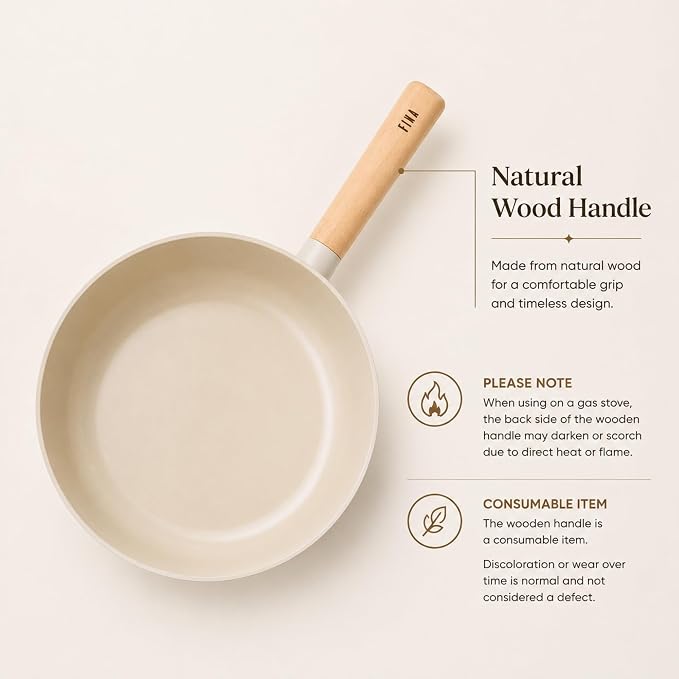 FIKA 10-Inch Nonstick Ceramic Coated Flat Bottom Wok Pan with Natural Wooden Handle, Induction Compatible, Deep Stir Fry Cooking Pan, Made in Korea (26cm)