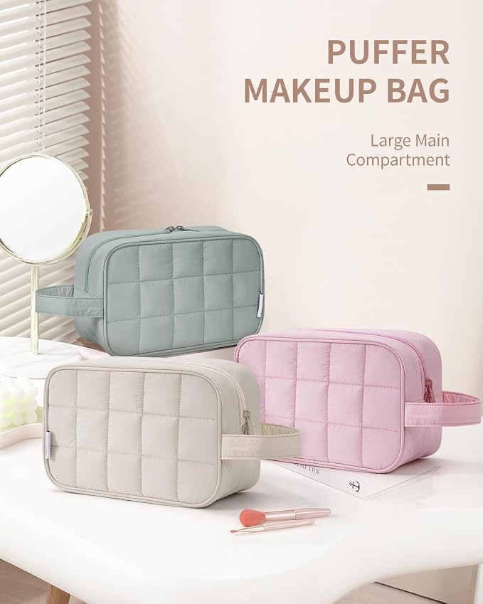 Narwey Quilted Makeup Bag Puffy Make up Bag Cosmetic Bag Organizer, Puffer Travel Toiletry Bag for Traveling Women Girl, Travel Bag for Toiletries, Skincare Medicine Bags (Beige)