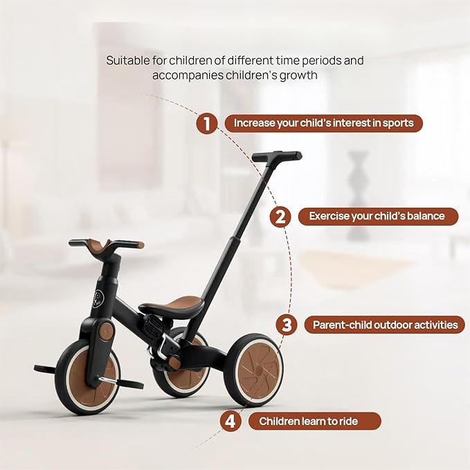 Tricycle for Toddlers 1-3 Year Olds, 5 in 1 Toddler Balance Bike with Removable Pedal, Foldable Toddler Tricycle with Push Handle(Black)