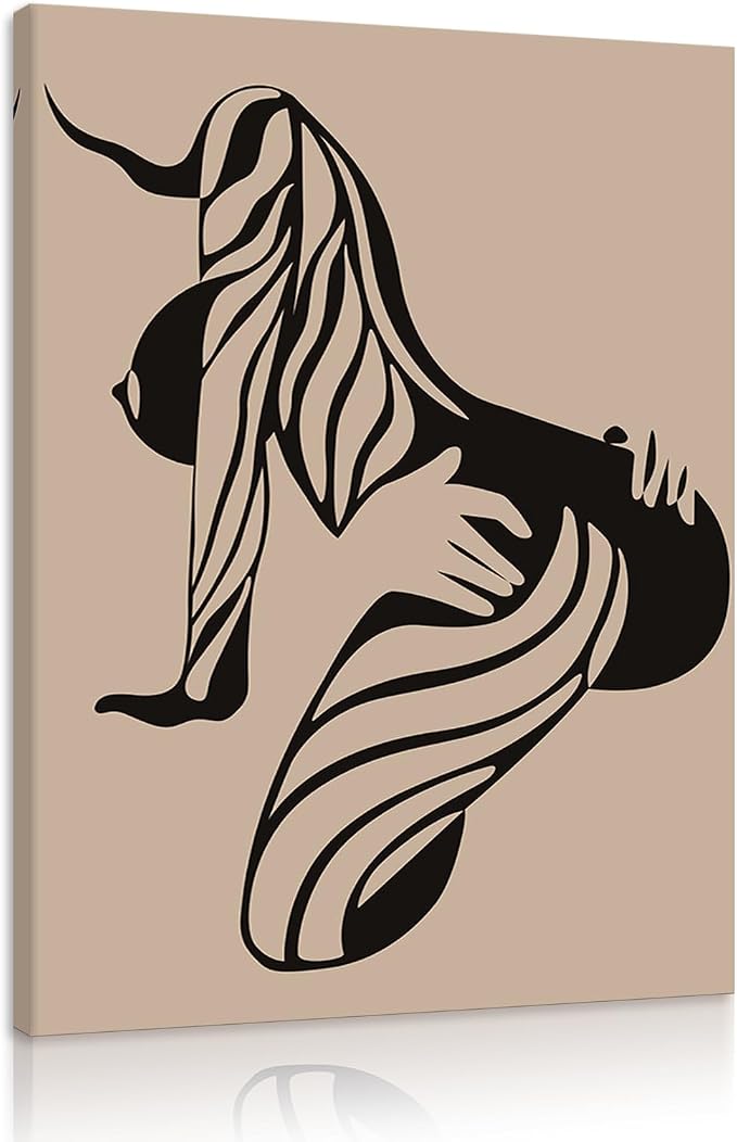 Yeesjoee Minimalist Sexy Female Canvas Painting Wall Decor, Abstract Line Art Silhouette Nude Woman Body Curve Contour Posters, Black & Beige Printing for Bedroom Living Room Home, 24x36 in Framed