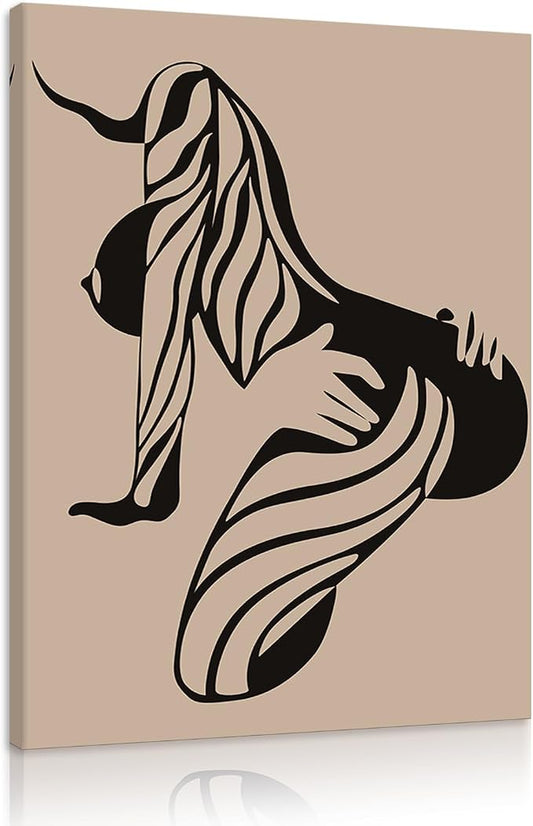 Yeesjoee Minimalist Sexy Female Canvas Painting Wall Decor, Abstract Line Art Silhouette Nude Woman Body Curve Contour Posters, Black & Beige Printing for Bedroom Living Room Home, 24x36 in Framed