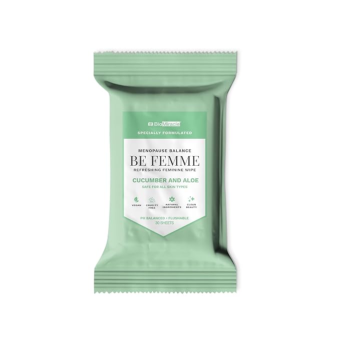 BioMiracle BE FEMME Refreshing Feminine Wipes (3-Pack, 90 Total Sheets) Cucumber & Aloe, Menopause Balance, pH Balanced, Flushable, Vegan & Cruelty-Free