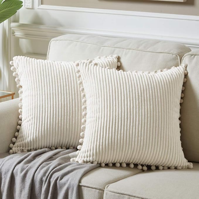 Fancy Homi Set of 2 Cream Decorative Throw Pillow Covers 12x12 Inch with Pom-poms for Couch Bed Sofa, Modern Farmhouse Boho Home Decor, Soft Plush Corduroy Cute Cushion Case 30x30 cm