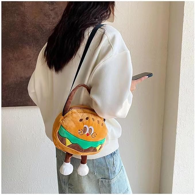 Hamburger Style Crossbody Purse for Girls Teens Women, Kawaii Cute Mini Handbag with Zipper, Plush Stuffed Toy Gift