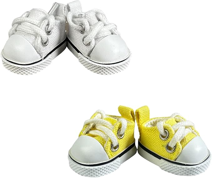 2 Pairs 17cm Doll Shoes, Lace-Up Canvas Sneakers Mini Shoes for 17cm Dolls, Fingerboard Shoes, Mini Finger Shoes, Clothing Accessory for 6.7in Dolls (White & Yellow)