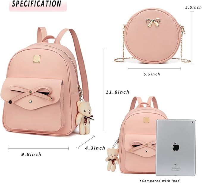 MACCINELO Cute Leather Mini Backpack Purse for Women Bowknot Small Backpack for Girls gift Rucksack Ladies Shoulder Bag 3pcs