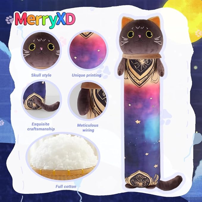 MerryXD Kawaii Long Cat Plush Body Pillow, 20”Soft Cute Black Stuffed Animals Plushies, Kids Big Doll Toys, Ideal Gifts for Cuddles,Girls,Girlfriend,Boys,Birthday,Christmas,Halloween,Valentine's Day