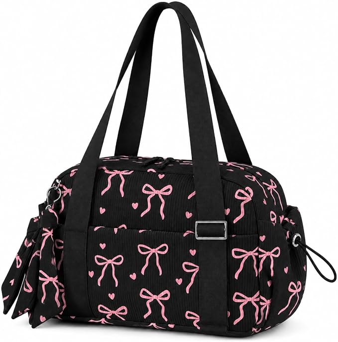 LOIDOU Aesthetic Dance Bag for Girls Corduroy Lightweight Bow Ballet Gymnastic Bag, Small Gym Bag for Women with Wet Dry Pocket, Cute Tote Bag Gifts for Birthday Christmas