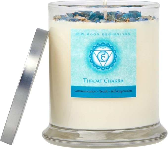Throat Chakra Candle by New Moon Beginnings - Chakra Candles - Dried Flower, Herb, & Crystal Candles - Aromatherapy Candles - Soy Candle - 12oz Glass Jar