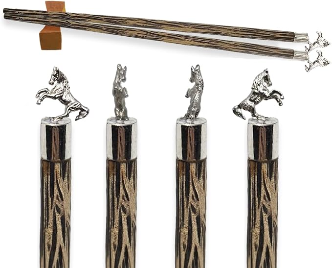 Wooden Chopsticks 9⅞" Long Coconut Palm Wood Chopstick With Metal Horse Top Eating Utensils Oriental Cutlery Asian Tableware Decorative Dinnerware to Serve Chinese Japanese Korean Food