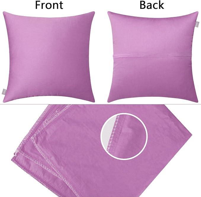 Thmyo 4-Pack 100% Cotton Comfortable Solid Decorative Throw Pillow Case, Square Cushion Cover Pillowcase Sublimation Blank Pillow Covers DIY Throw Pillowcase(18x18 inch/ 45x45cm,Pinkish Purple)