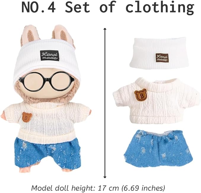 ebuddy 4 Sets Doll Clothes for 17cm Plush Doll-Knit Outfit Set Sweater Collection(Doll and Glasses Not Included) (4 Outfits)