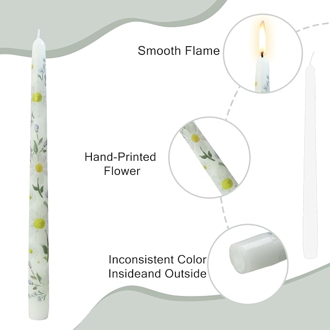 Daisy Printed Taper Candles Smokeless- 4 pcs Handmade White Taper Candle - Dripless Uncented Candle 10 inches Long Flower Printed Tapered Candles for Home Party Wedding Restaurant Holiday Decor
