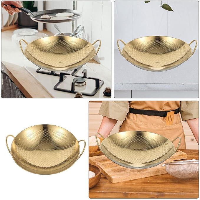 Cabilock Cooking Pan Chinese Wok Pan Lid Stainless Steel Wok Light Weight Easy to Use Korean Pot Double Handle Non-slip Camping Home Kitchen