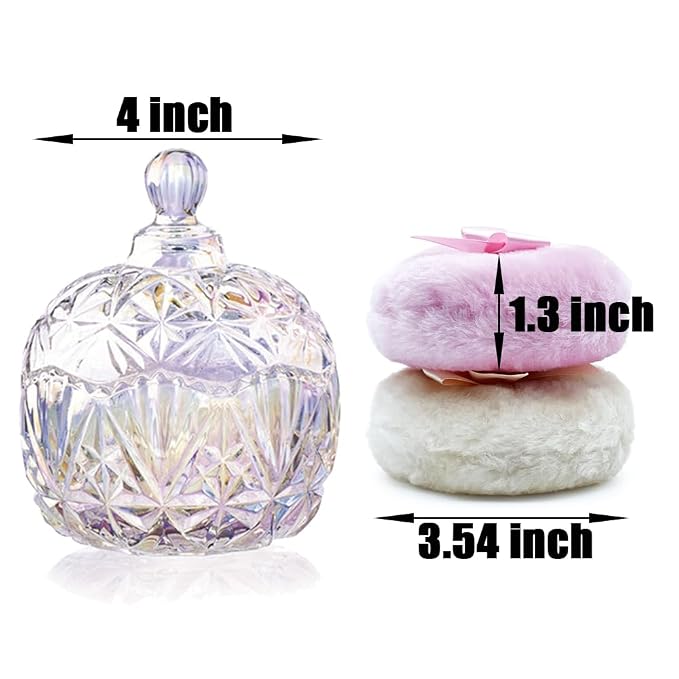 Luxury 4 Inch Glass Loose Powder Container with 2 Soft 3.5" Puffs｜Non-Sealed Refillable Organizer Storage for Body Powder Makeup & Jewelry & Setting Applicator(Crown-Dazzling Color)
