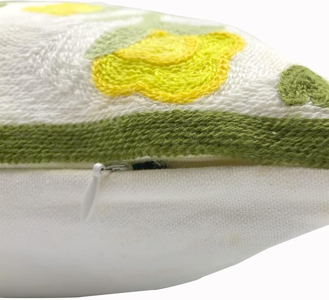 Alysheer Floral Embroidered Summer Decorative Throw Pillow Cover 18"x 18" Set of 2, Farmhouse Cottage Yellow Flower Green Leaves Patterned Cotton Cushion Case for Couch Bed Living Room Outdoor Decor