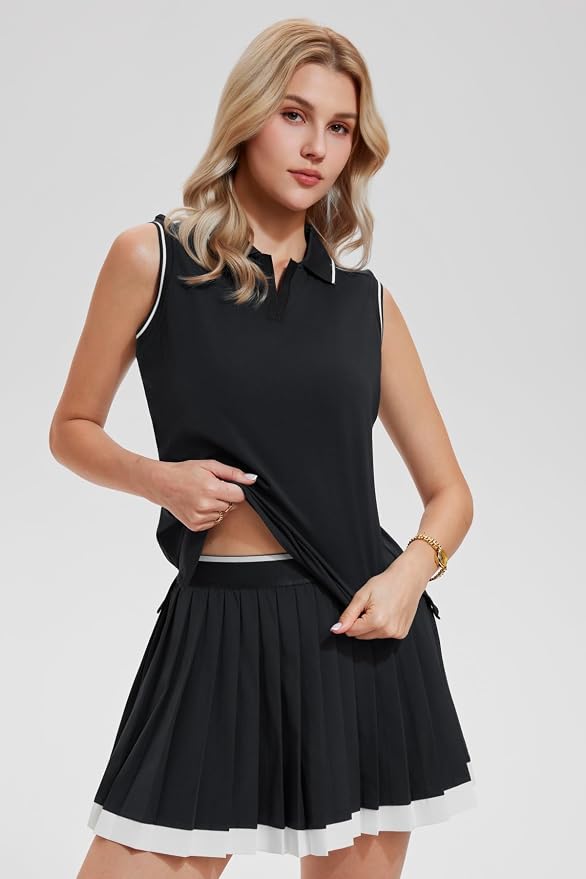 AFZ Tennis Outfits Polo Top and Color Blocked Pleated Tennis Dress Golf Outfits for Women Athletic Dress with Shorts