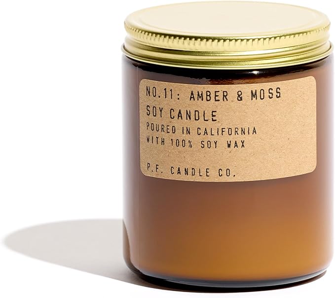 P.F. Candle Co. Amber & Moss Classic Standard Scented Soy Wax Candle (7.2 oz) 40-50 Hour Burn Time, Amber Glass Jar, Made in The U.S.A.