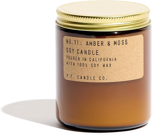 P.F. Candle Co. Amber & Moss Classic Standard Scented Soy Wax Candle (7.2 oz) 40-50 Hour Burn Time, Amber Glass Jar, Made in The U.S.A.