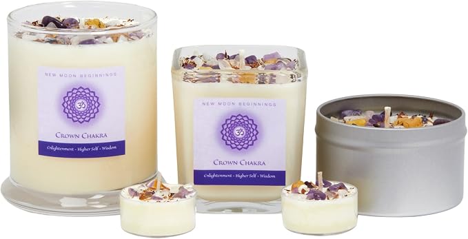 New Moon Beginnings Crown Chakra Candle - Chakra Candles - Dried Flower, Herb, & Crystal Tealights - Aromatherapy - Spicy, Warm, Woody, Sweet - Frankincense, Myrrh, Patchouli