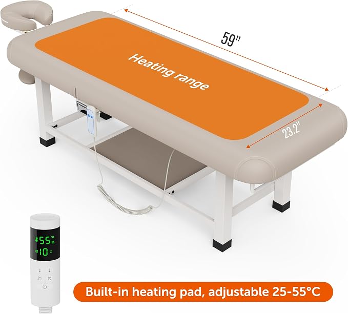 Olela Electric Heated Massage Table - Stationary Massage Table with Heating Function and Storage, Treatment Table with Electric Lift & Manual Adjustable Backrest, Metal Frame for Massage, Spa So On