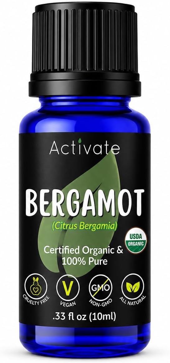 Activate Bergamot Organic Essential Oil, USDA Certified Organic, 100% Pure & Undiluted, Cold Pressed Citrus Bergamia Oil for Aromatherapy, Diffuser, Massage, DIY Skin Care, 10mL