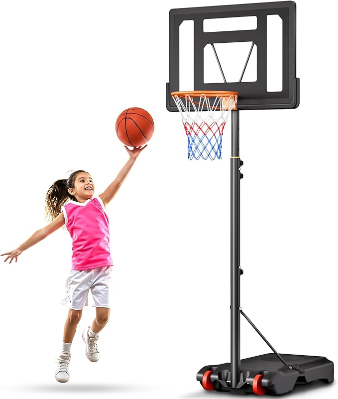 Asbest Kids Basketball Hoop Outdoor, 5.08-7 FT Adjustable Height, Portable Basketball Hoop for Kids in Backyard, Driveway and Indoor, Shatterproof PC Backboard