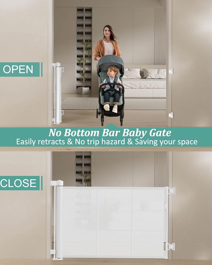 Miumoon 71 inch Retractable Baby Gates 34 inch Tall, Retractable Gate with Reinforced Strip Design to Prevent Crawling Through, 6 FT Retractable Dog Gate for Stairs, Doorways, Hallways, Indoor/Outdoor